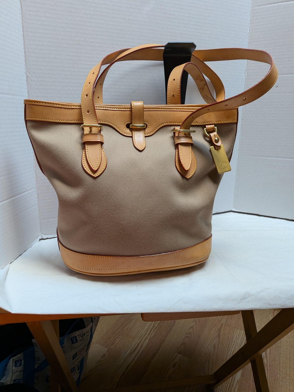 Dooney and Bourke vintage Canvas Tote Bag with Tan Leather Trim - Neutral